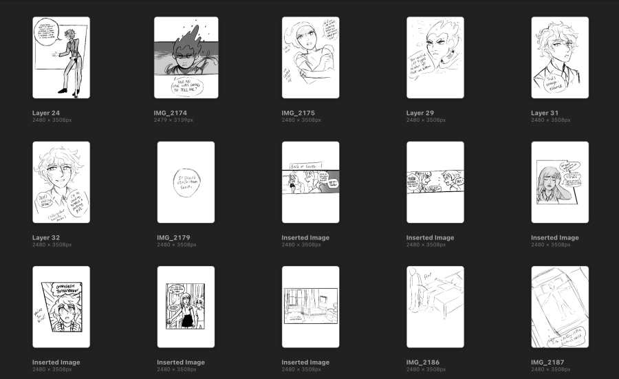 A screenshot of panel sketch thumbnails for my comic