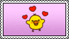 A digital animated stamp of Kiiroitori, the baby chick from Rilakkuma, looking happy with hearts above her.